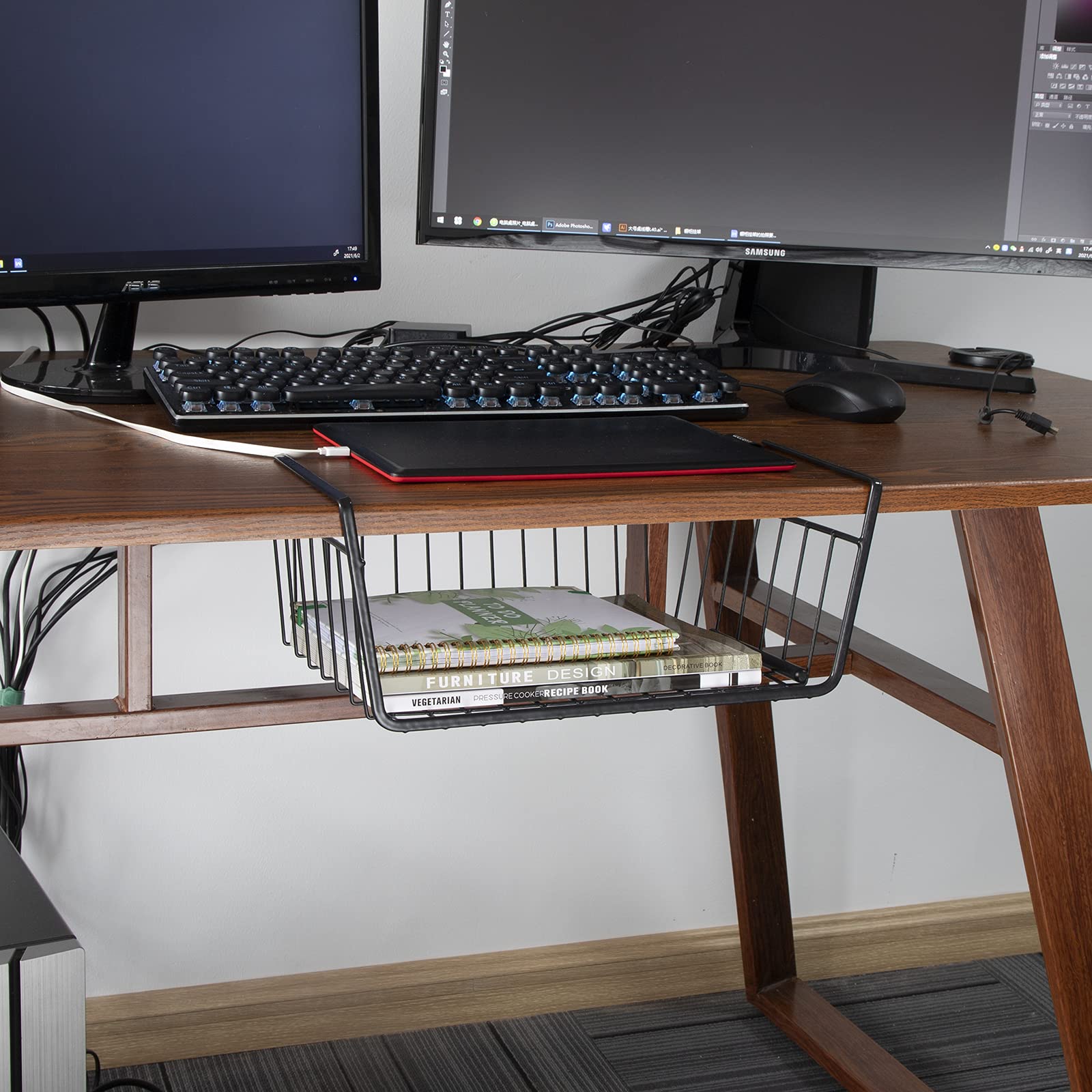 Undershelf Wire Storage Basket, Household Metal Hanging Bin Slides For Space Saving For Kitchen Pantry Bookshelf (Small, 2 Pcs)